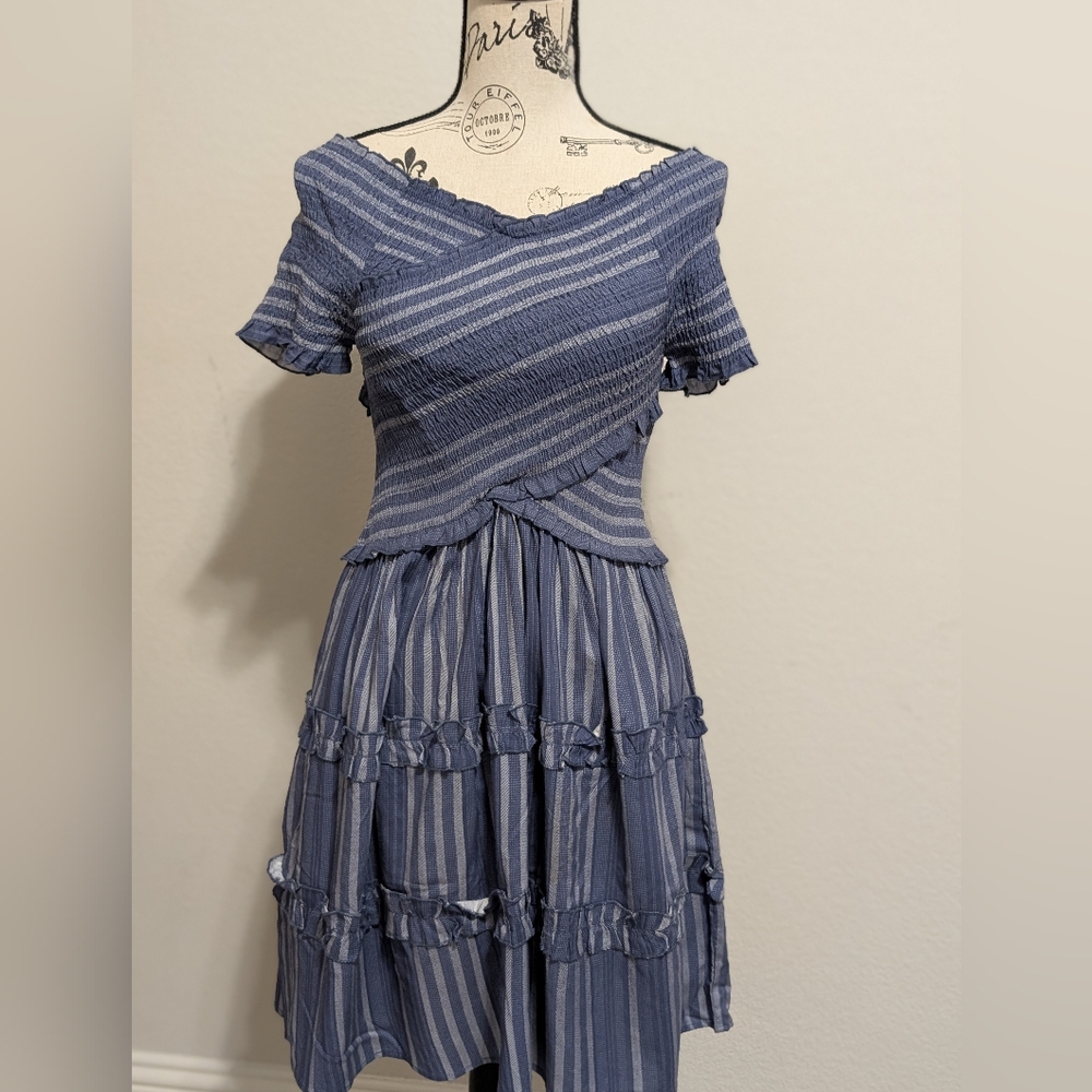Japna Blue Striped Off-Shoulder Midi Dress